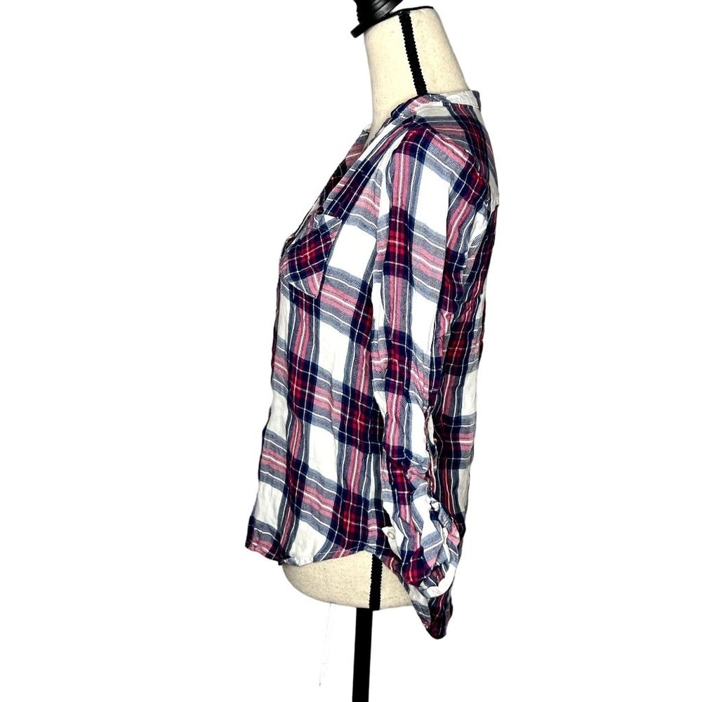 NSR Blue Pink Plaid 3/4 Sleeve Partial Button Down Popover Casual Top Size S - Picture 4 of 7